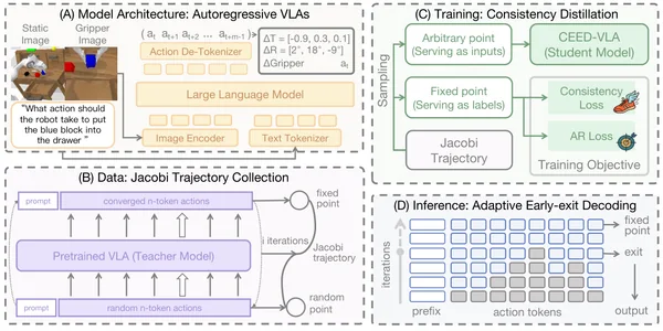 CEED-VLA framework showing Jacobi trajectory collection, consistency distillation, and early-exit decoding.
