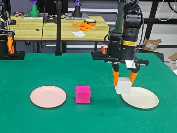 HiF-VLA robot gripper placing a white block on a plate on a green tabletop.