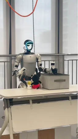 Unitree G1 humanoid manipulating a toy beside a storage basket in a TrajBooster demonstration.